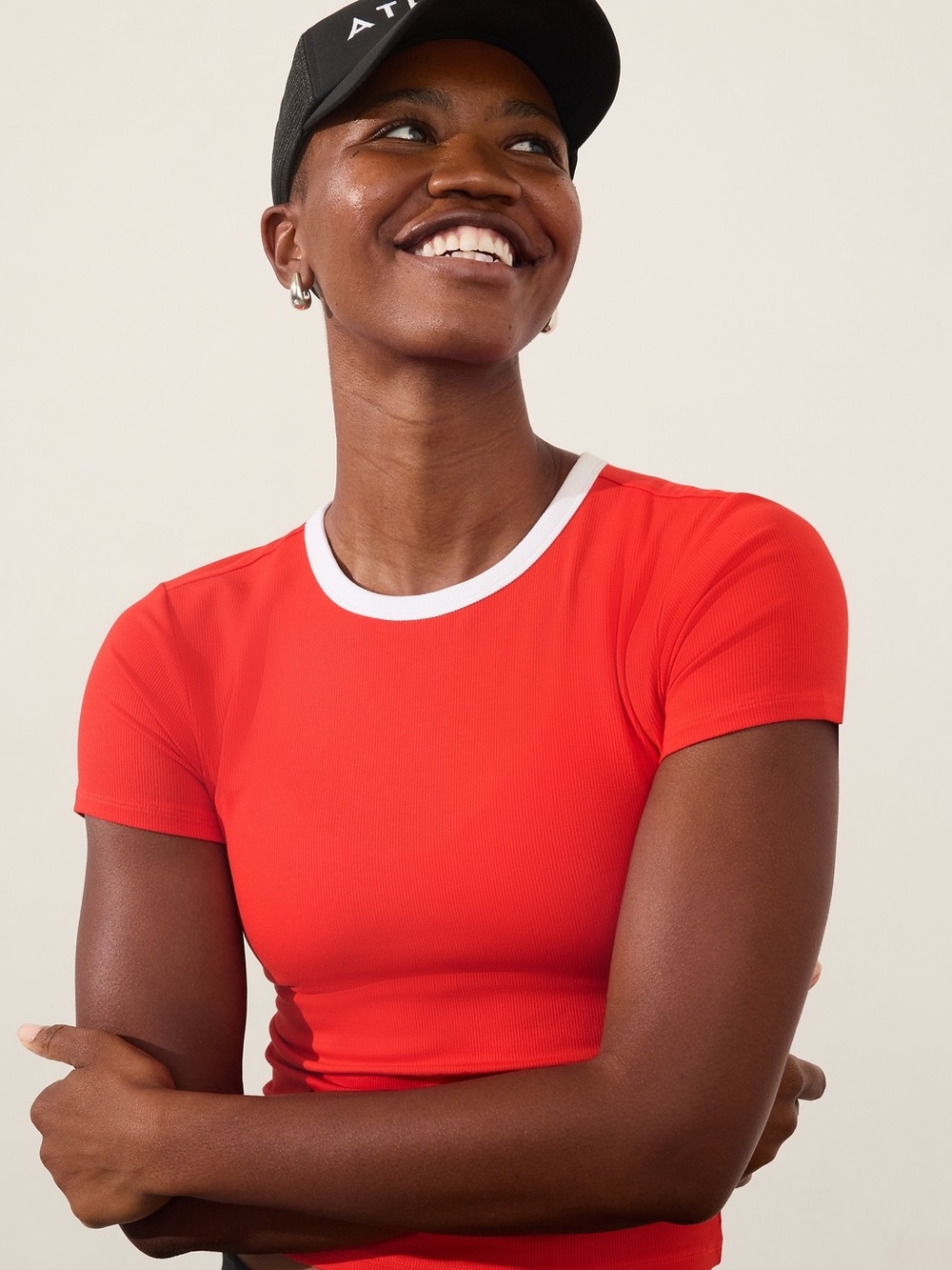 Athleta Signature Rib Crop Tee s Cardinal/Bright White Small